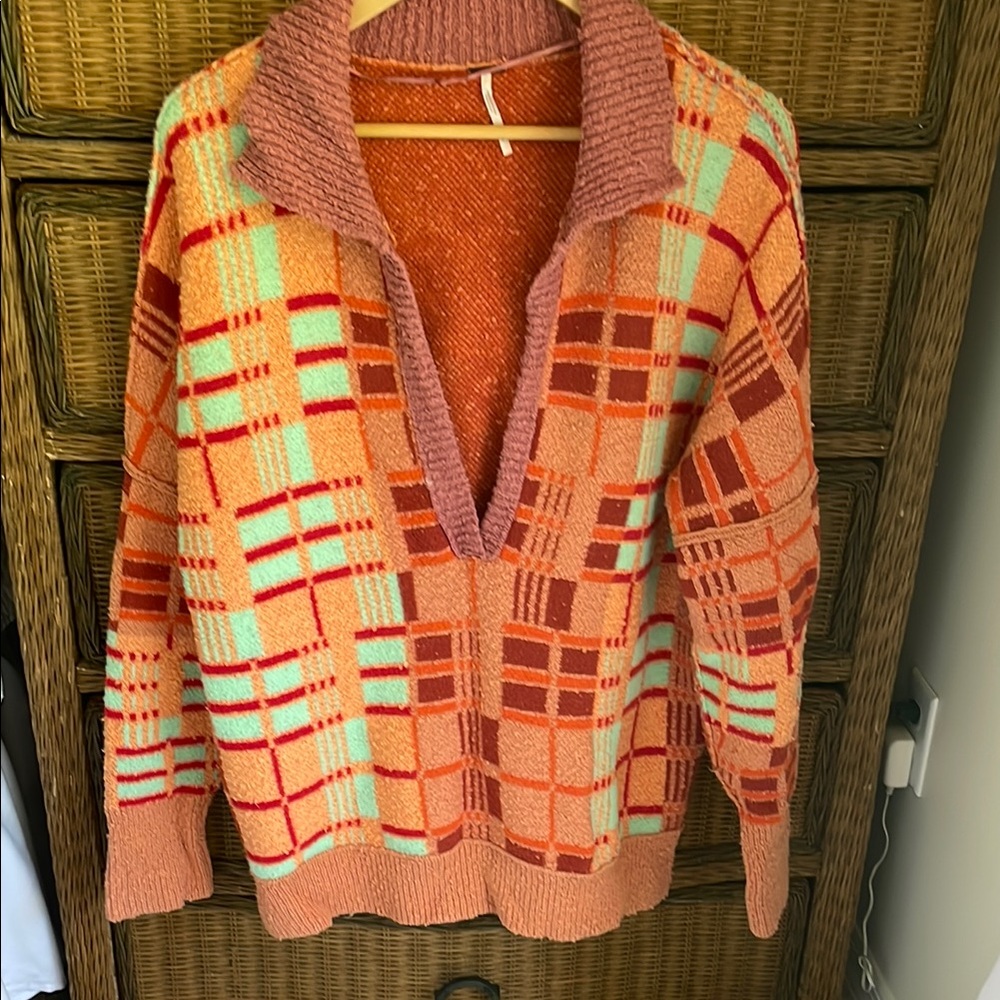 Free People Ruben Orange and Red V-Neck Sweater